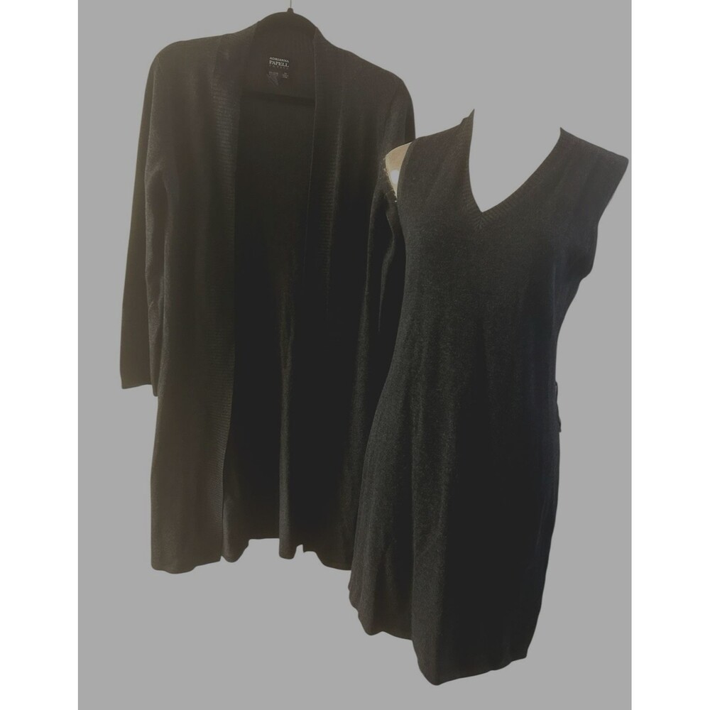 Adrianna Papell 2 Pcs Open Cardigan Sweater Dress Gray Wool Cashmere Blend PM